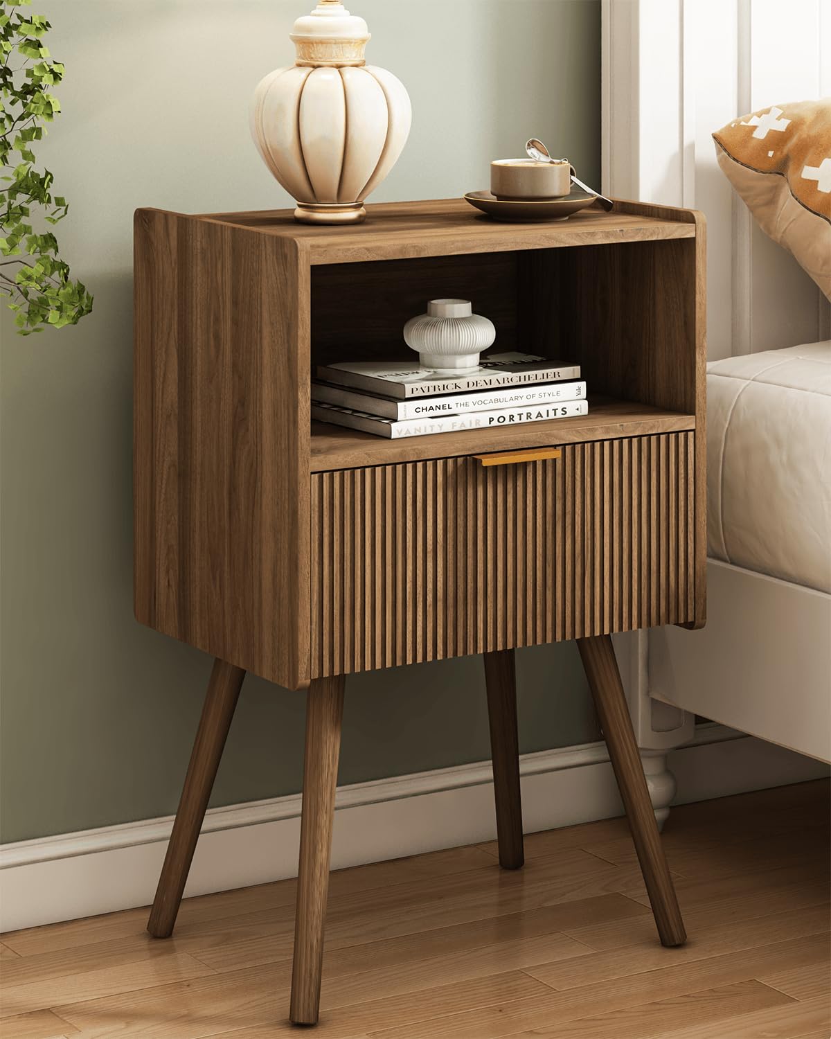 Modern Nightstand with Storage Drawer and Open Wood Shelf for Bedroom and Living Room, Accent Table in Walnut Brown with