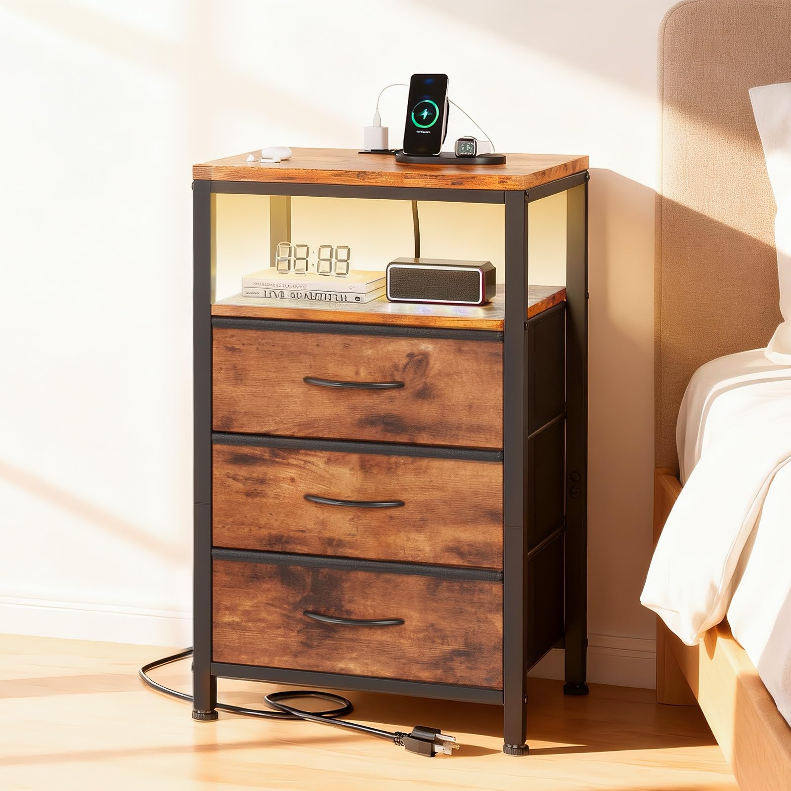 Sweetcrispy Nightstand with Charging Station, Fabric Drawers, USB/Type-C Ports, Adjustable Feet, and Light Strip for Bed