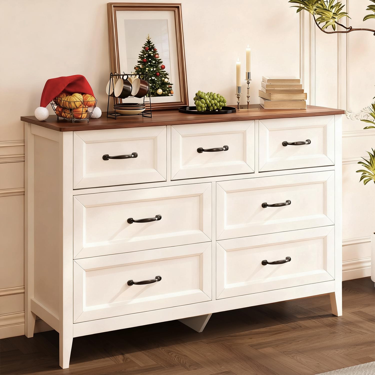 Gizoon Farmhouse 7 Drawers Dresser | White Wooden Storage Organizer | Ideal for Bedroom & Living Room | Retro Style with