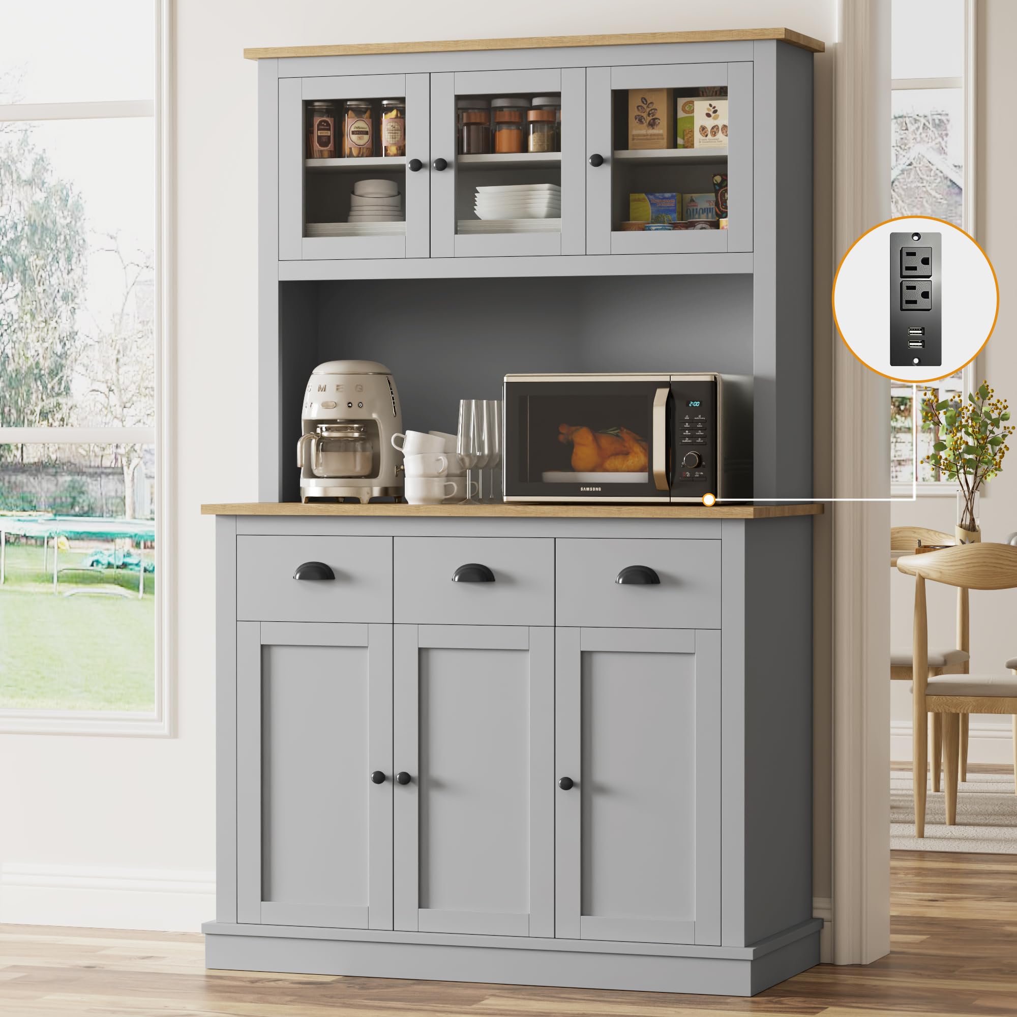 71" Kitchen Hutch with Charging Station - Tall Pantry Storage Cabinet with Adjustable Shelves, Large Buffet Cabinet for 