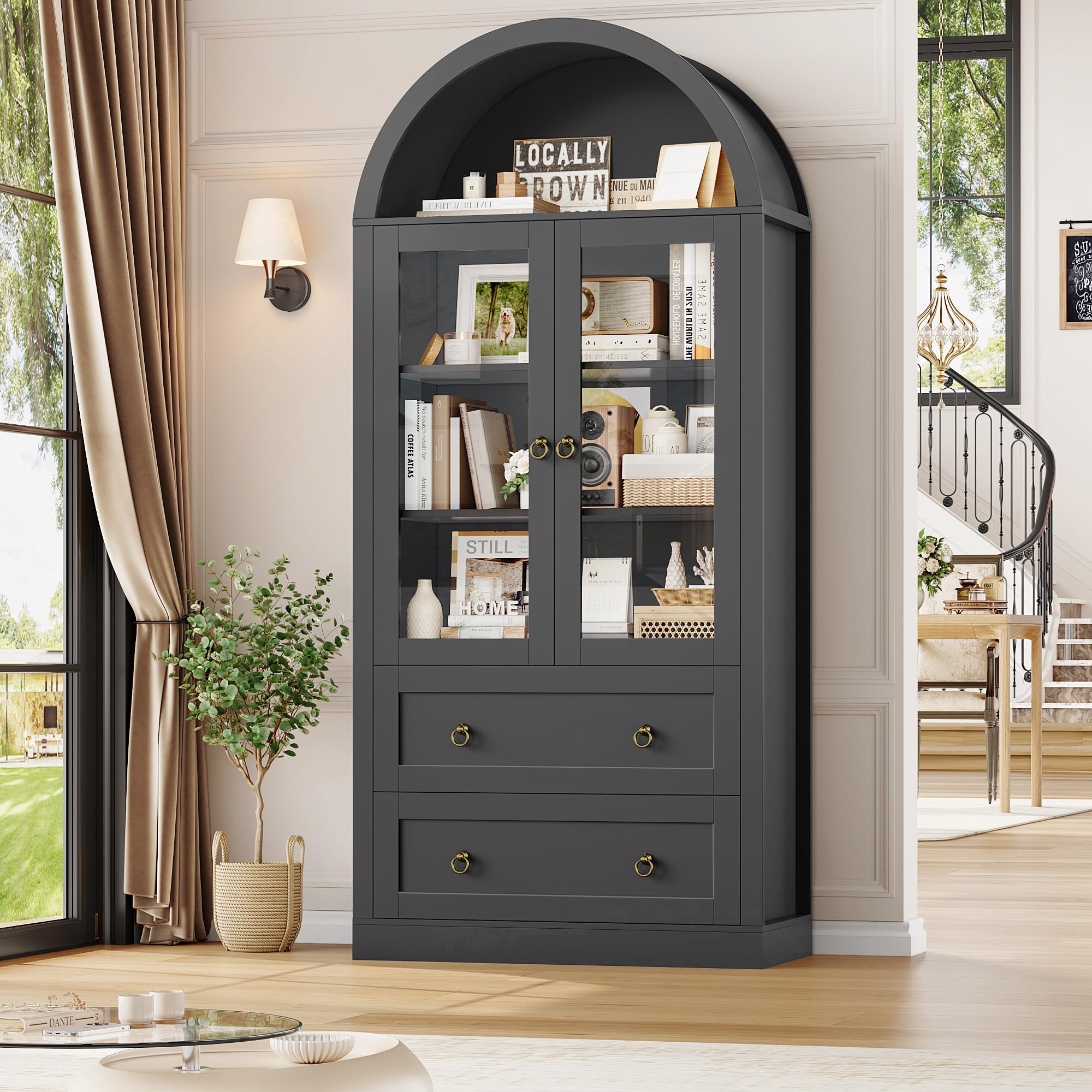 FINETONES 70" Arched Bookcase with Doors - 6-Tier Farmhouse Bookshelf with Drawers & Open Display Shelves - Large Storag