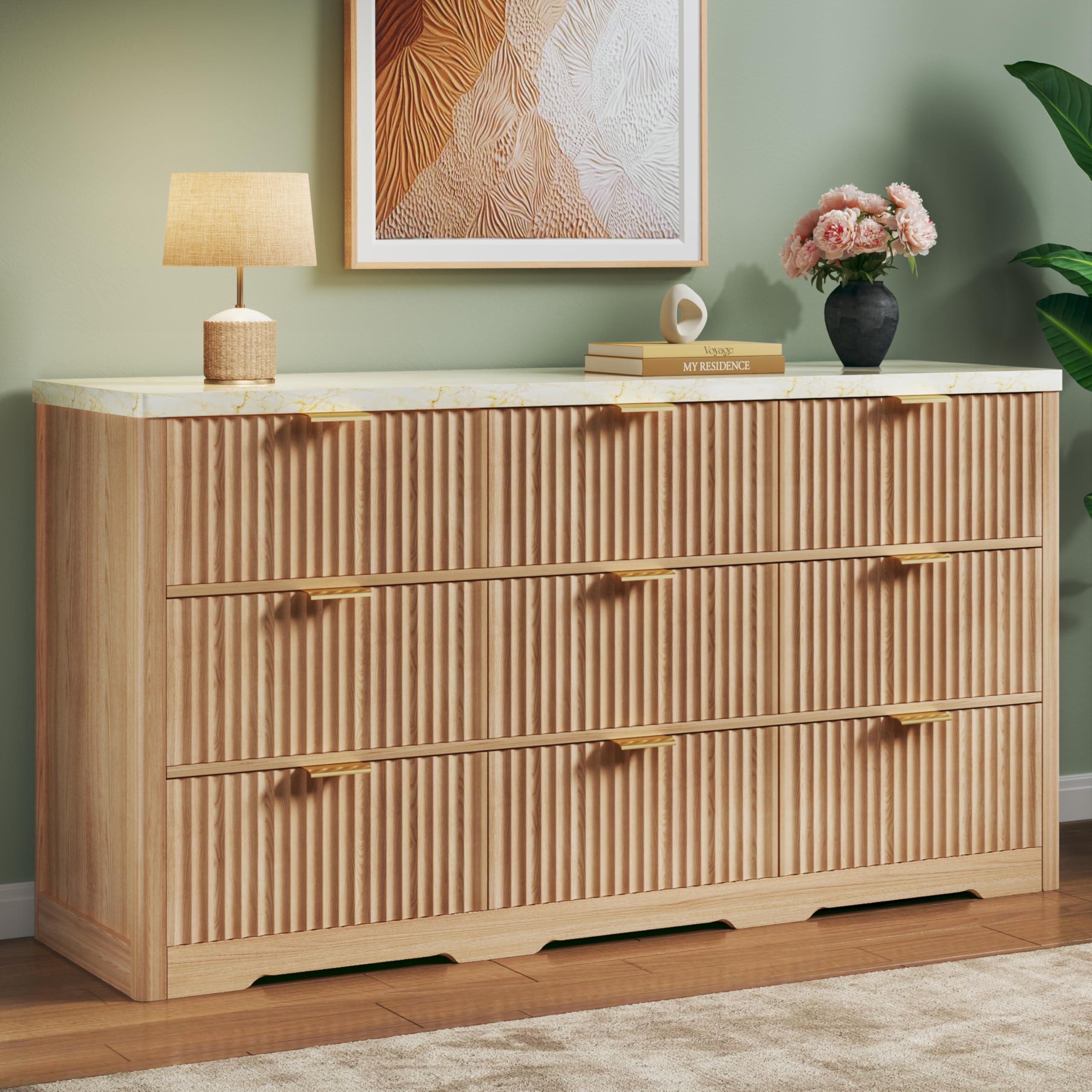 Mid Century Modern Fluted Dresser with Faux Marble Top - 9 Drawer Wooden Chest for Bedroom Storage & TV Stand - Elegant 